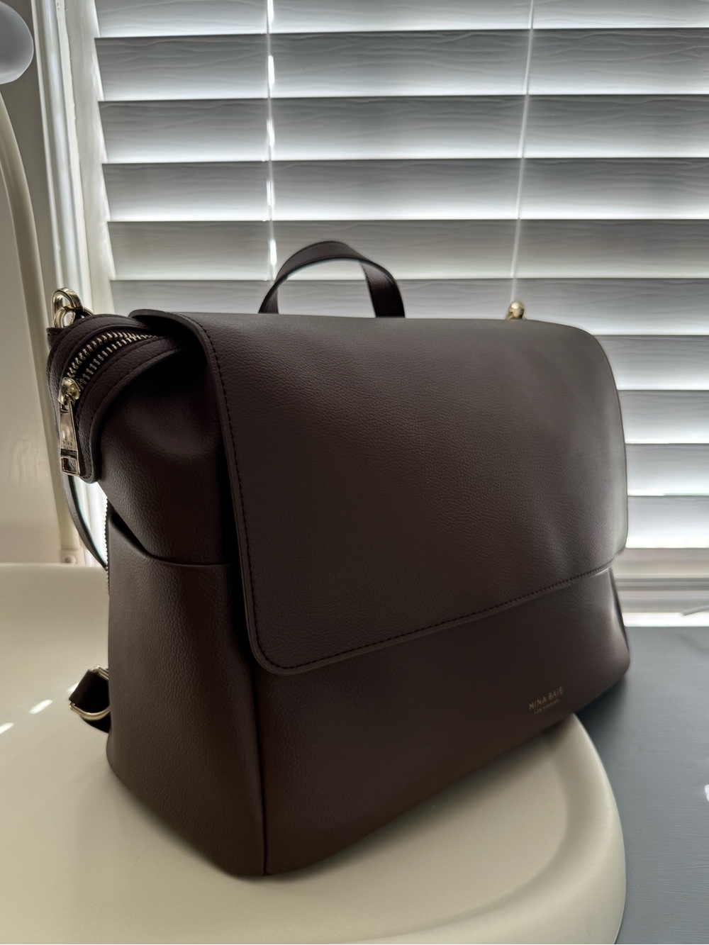 Mina Baie Winnie Backpack Vegan Leather Midi Coco Brown & Stroller Hooks EUC - Picture 6 of 10